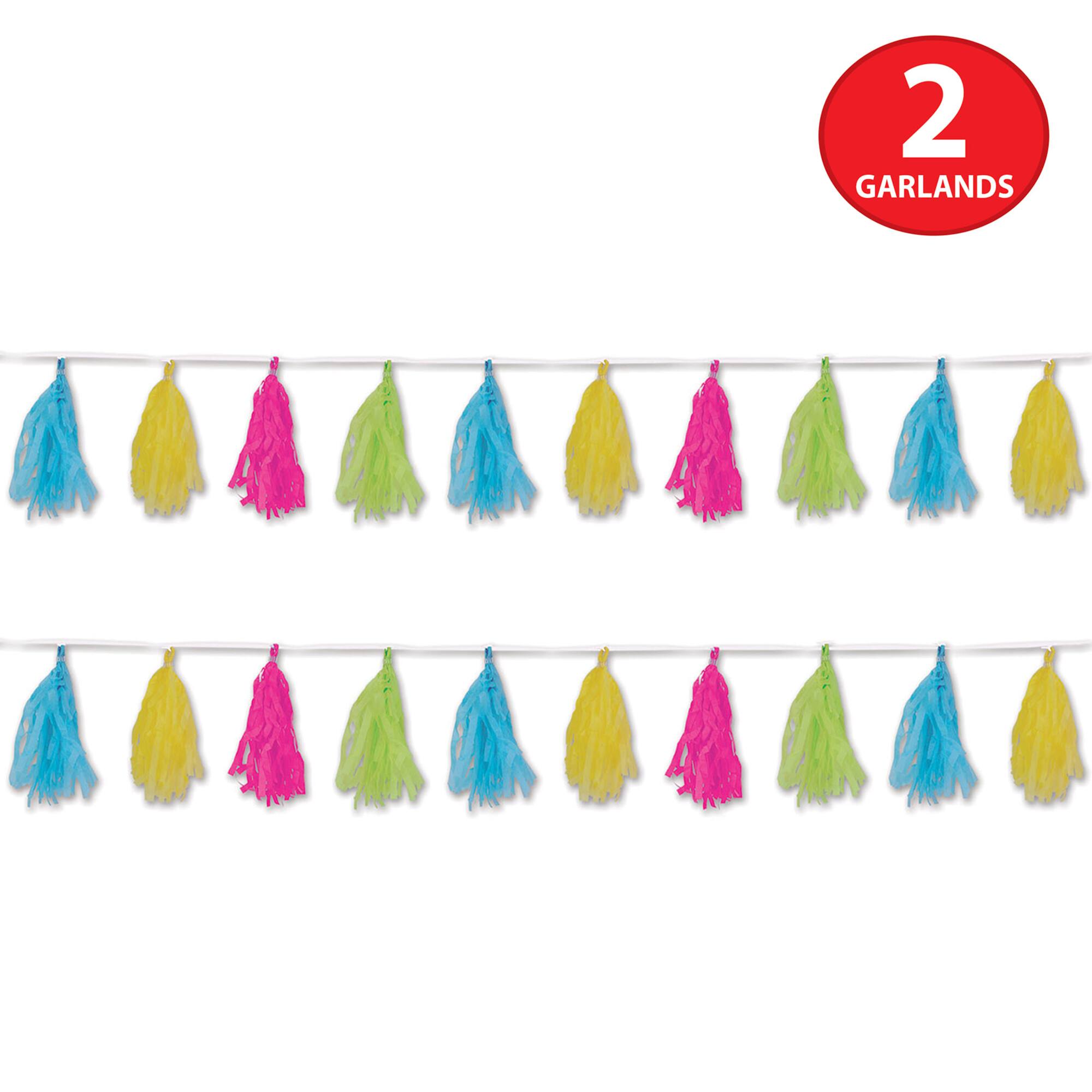 Beistle 8ft. Pink, Green, Turquoise & Yellow Tissue Tassel Garland, 2ct.